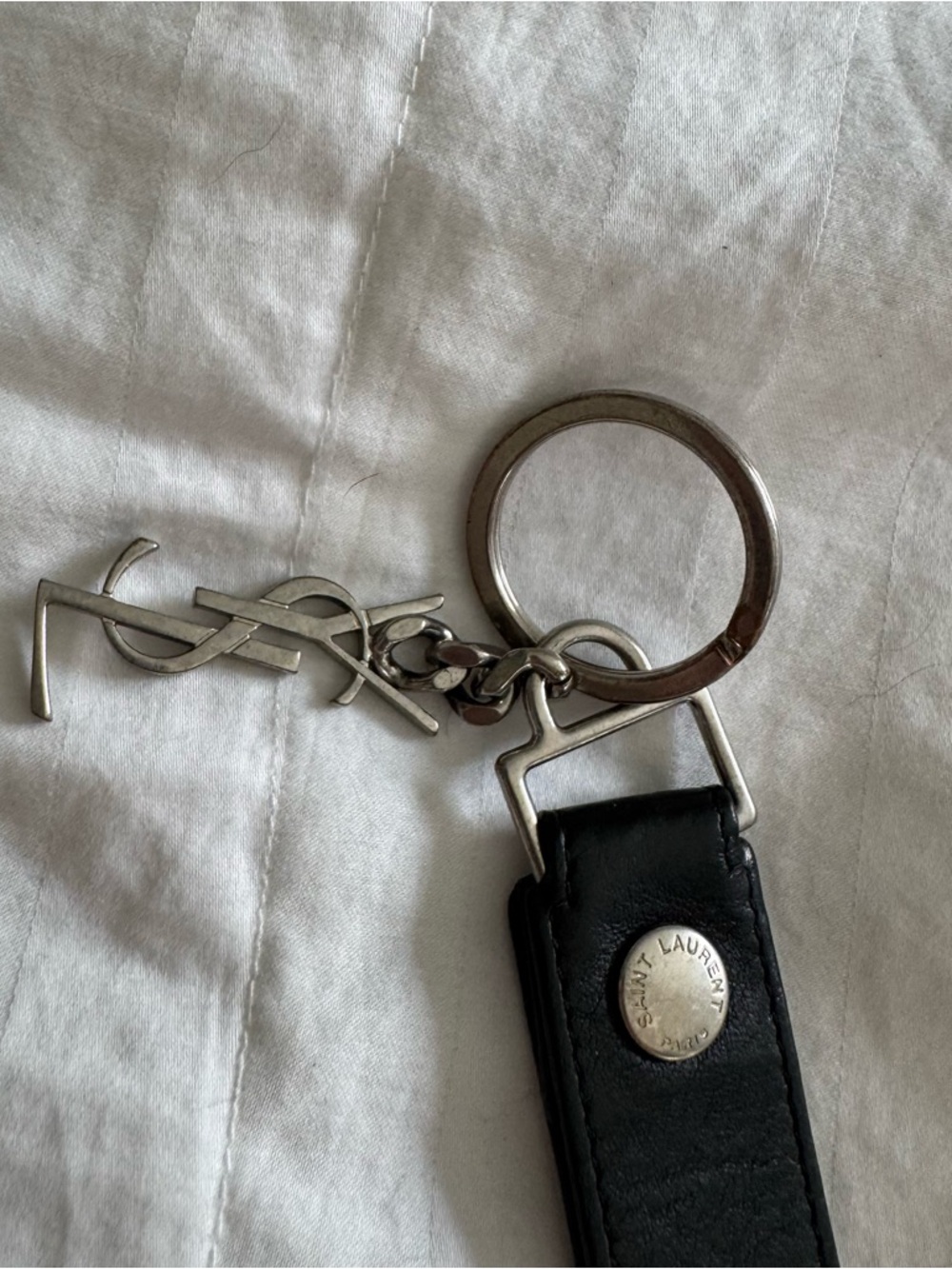 Saint Laurent Black Leather Keyring with Silver YSL Charm / Bag Charm - Picture 2 of 7